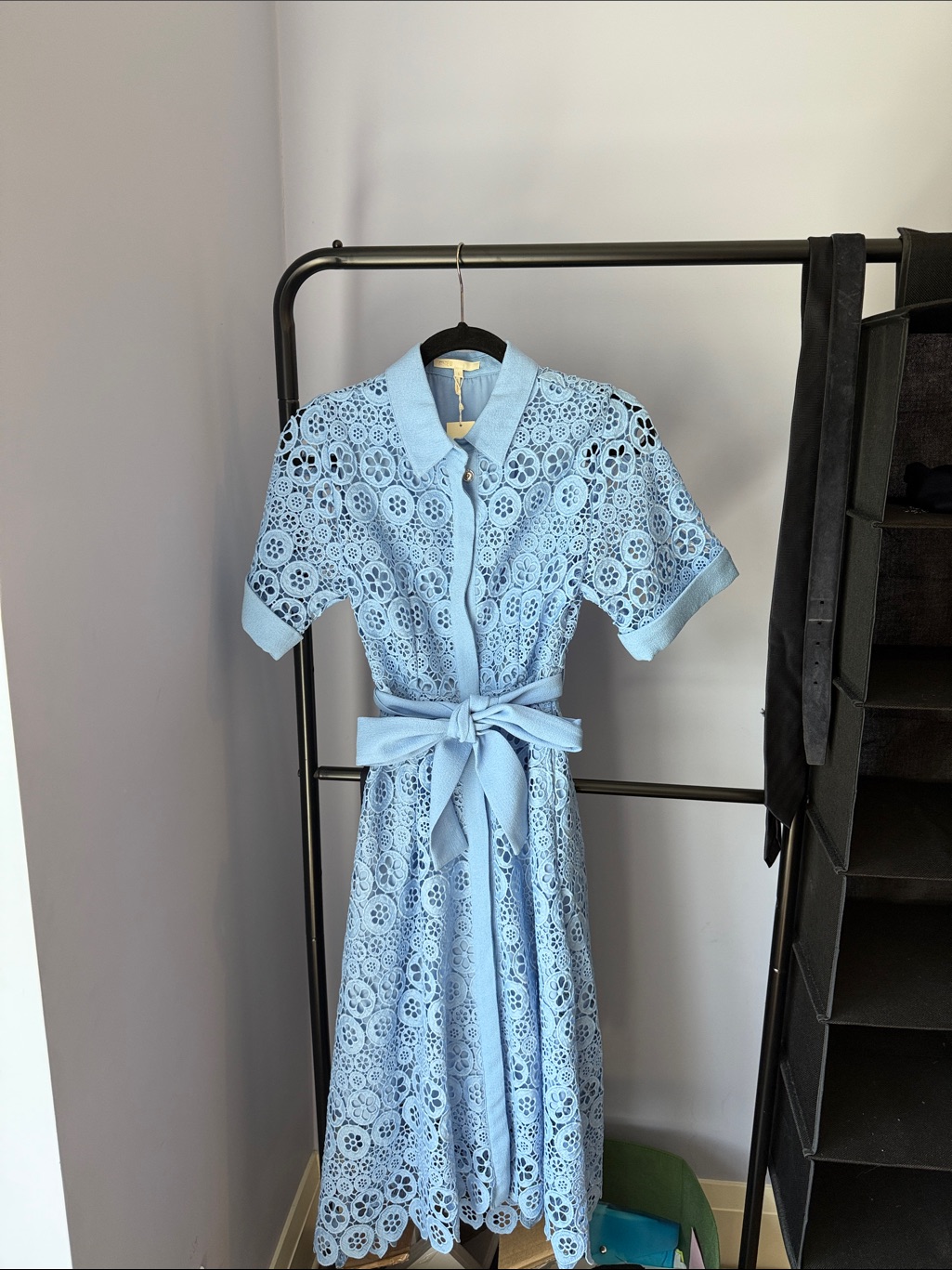 Maje Light Blue Lace Midi Shirt Dress With Waist Tie